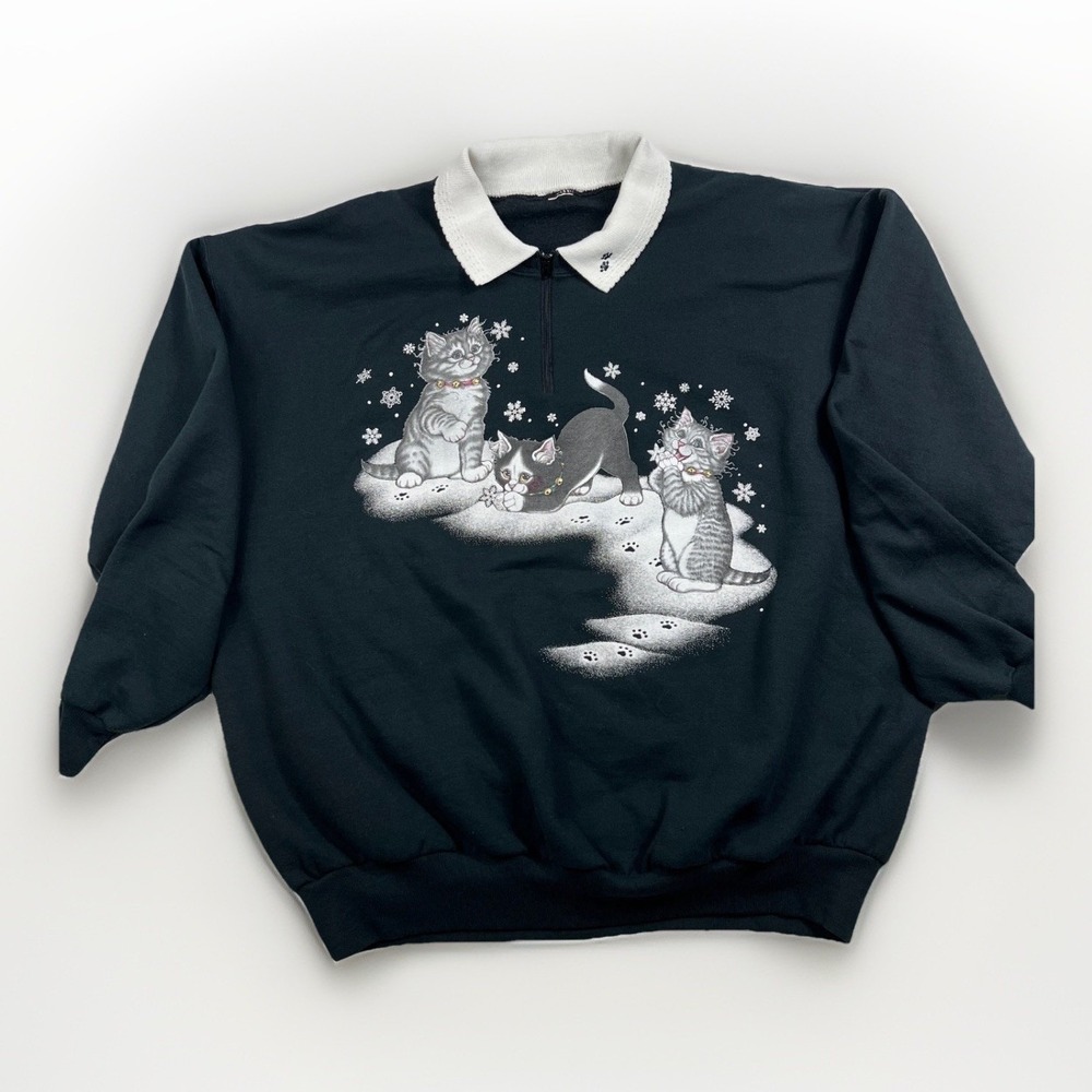 Vintage Morning Sun Sweatshirt Women's Collared Cat Lady Pullover Cottage Black